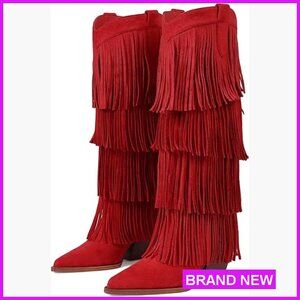 Knee High Western Boots Chunky Heel Pointed Toe Fringe Cowgirl Fashion Pull On